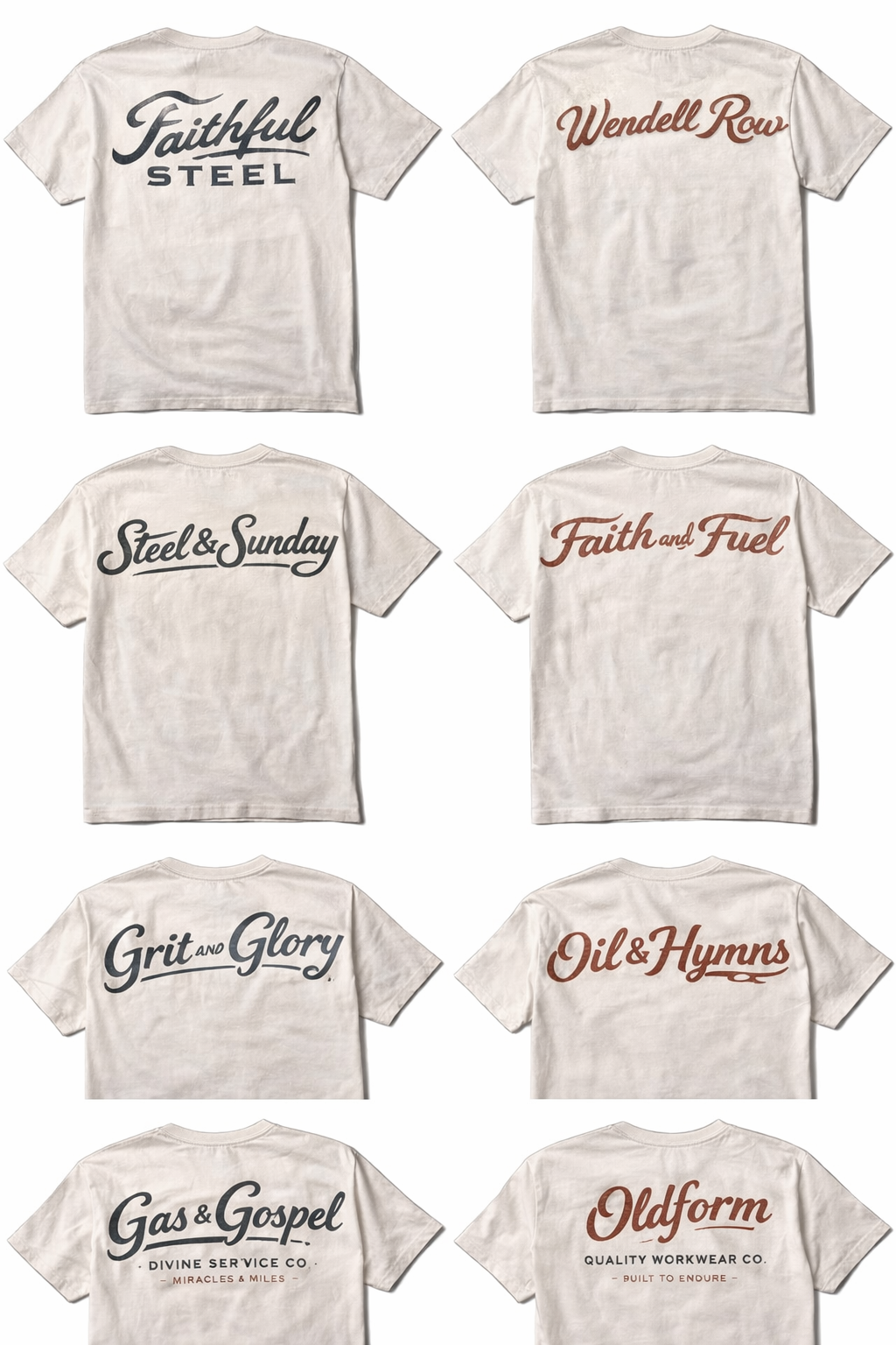 The eight candidate names printed on white t-shirts.